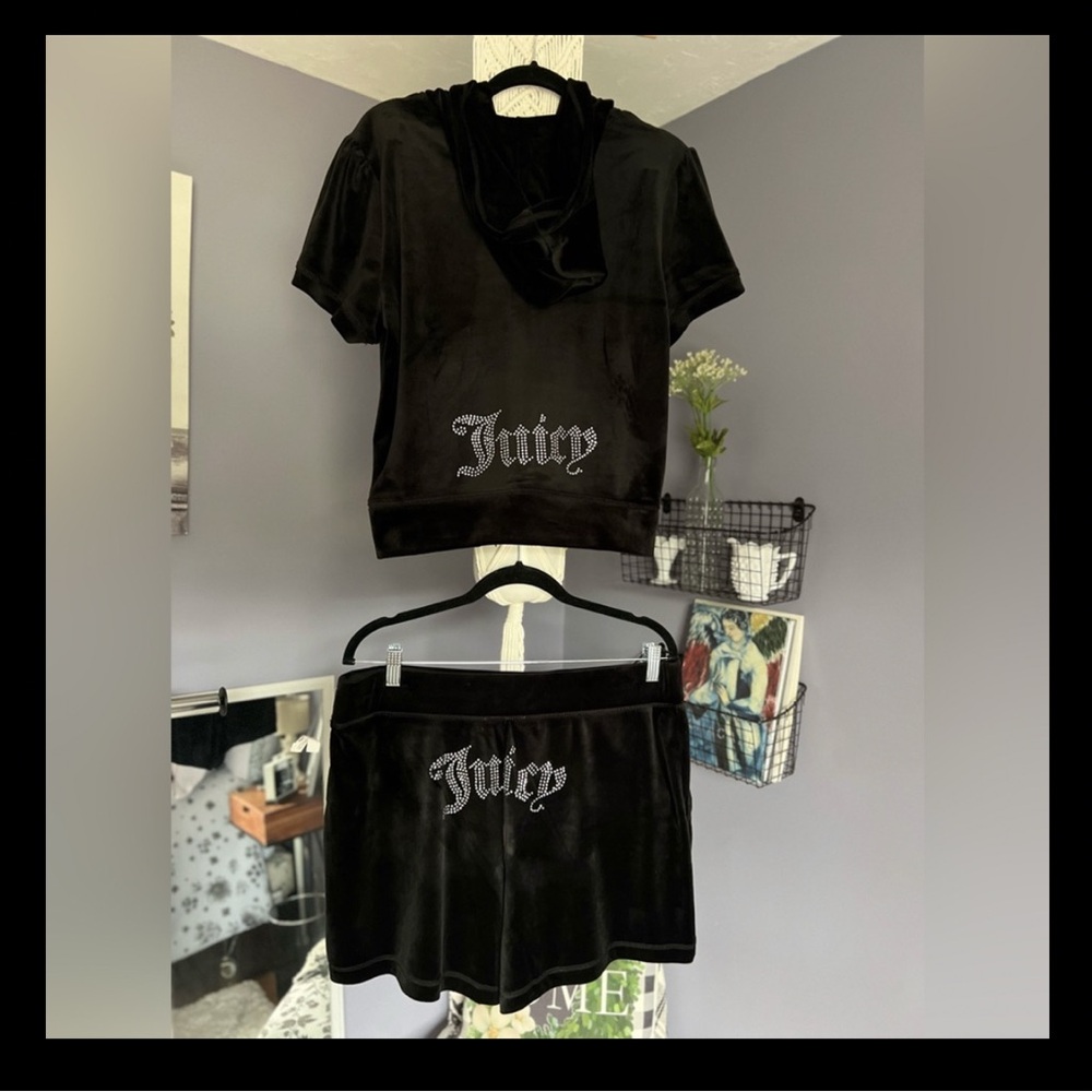 Juicy Couture Black Velvet Short Set - Juicy Rhinestone Logo Shorts